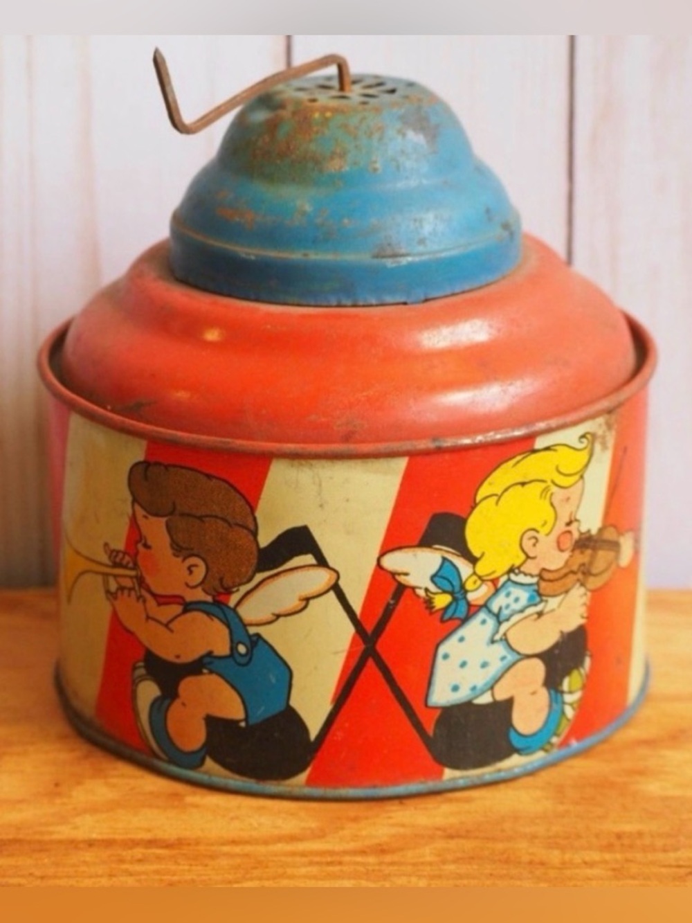 Vintage 1940s Ohio Arts Lithographed Steel Music Box Crank Toy Retro Collectible